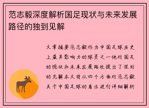 范志毅深度解析国足现状与未来发展路径的独到见解