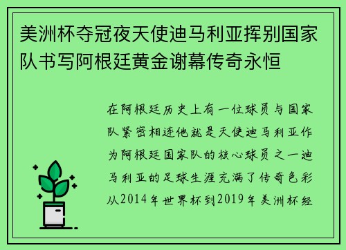 美洲杯夺冠夜天使迪马利亚挥别国家队书写阿根廷黄金谢幕传奇永恒