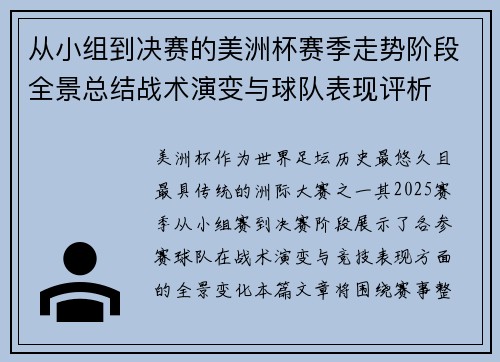从小组到决赛的美洲杯赛季走势阶段全景总结战术演变与球队表现评析 从小组到决赛的美洲杯赛季走势阶段全景总结战术演变与球队表现评析